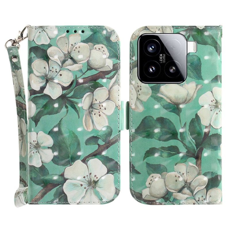 Lederhüllen Xiaomi 15 Schlüsselband Mit Aquarellblumen