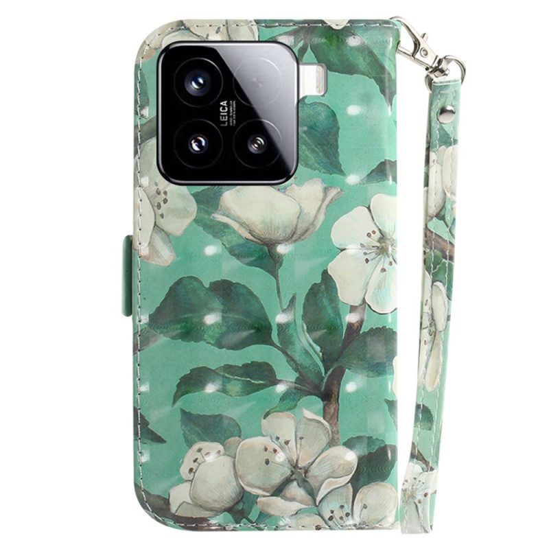 Lederhüllen Xiaomi 15 Schlüsselband Mit Aquarellblumen