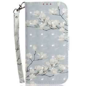Lederhüllen Xiaomi 15 Schlüsselband Mit Magnolien-motiv