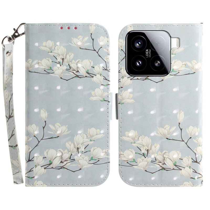 Lederhüllen Xiaomi 15 Schlüsselband Mit Magnolien-motiv