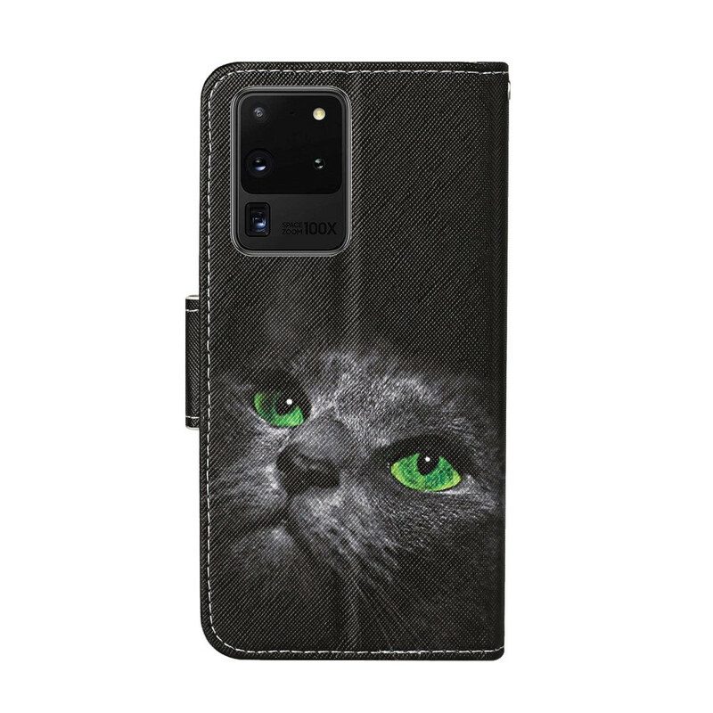 Lederhüllen Für Samsung Galaxy S20 Ultra Grünäugige Katze Mit Schlüsselband