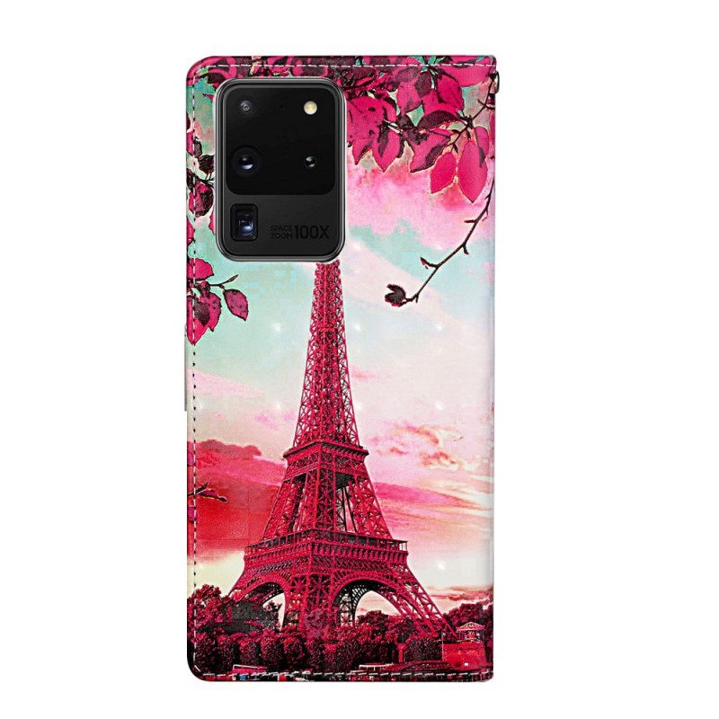 Lederhüllen Für Samsung Galaxy S20 Ultra Mit Kordel Verstellbarer Eiffelturm-riemen