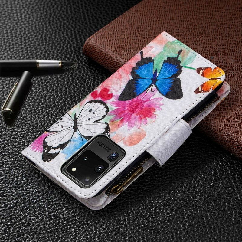 Lederhüllen Für Samsung Galaxy S20 Ultra Reißverschlusstasche Mit Schmetterlingen