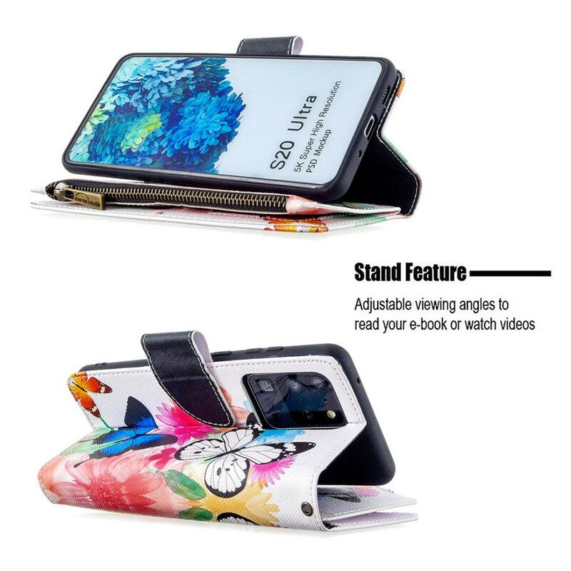Lederhüllen Für Samsung Galaxy S20 Ultra Reißverschlusstasche Mit Schmetterlingen