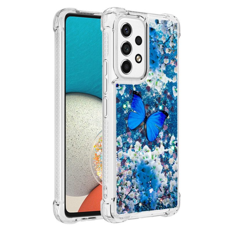 Handyhülle Für Samsung Galaxy A53 5G Glitzernde Blaue Schmetterlinge