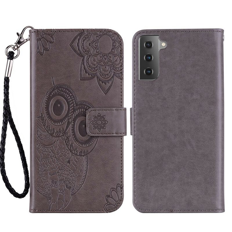 Lederhüllen Für Samsung Galaxy S21 FE Eulen-mandala Und Schlüsselband