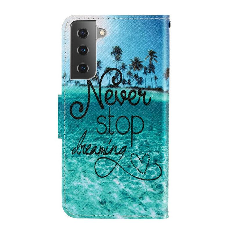 Lederhüllen Für Samsung Galaxy S21 FE Mit Kordel Never Stop Dreaming Navy Strappy