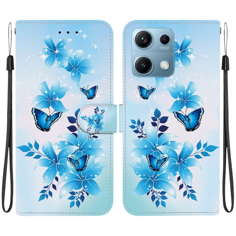 Lederhüllen Für Xiaomi Redmi Note 14s Blaue Schmetterlinge Und Kleine Blumen