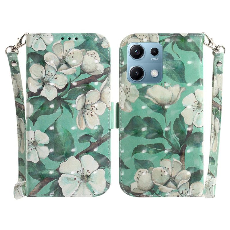 Lederhüllen Xiaomi Redmi Note 14s Weiße Blumen Mit Umhängeband