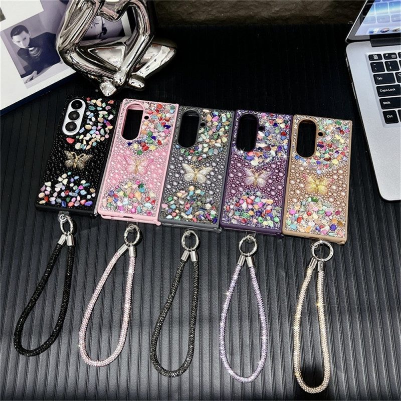 Hülle Samsung Galaxy Z Fold 7 Handyhülle Strass-schmetterling Mit Trageschlaufe