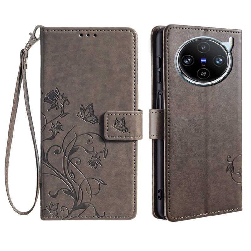 Lederhüllen Vivo X100 Pro Blumenmuster-tragegurt