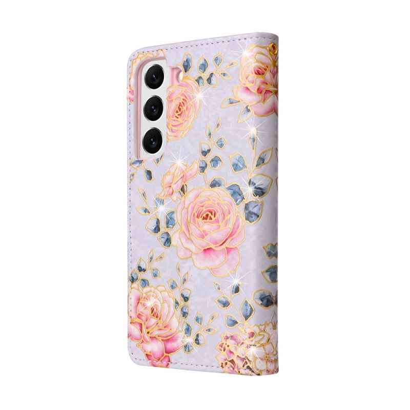 Flip Case Für Samsung Galaxy S23 5G Rfid-blumen Mit Schlüsselband
