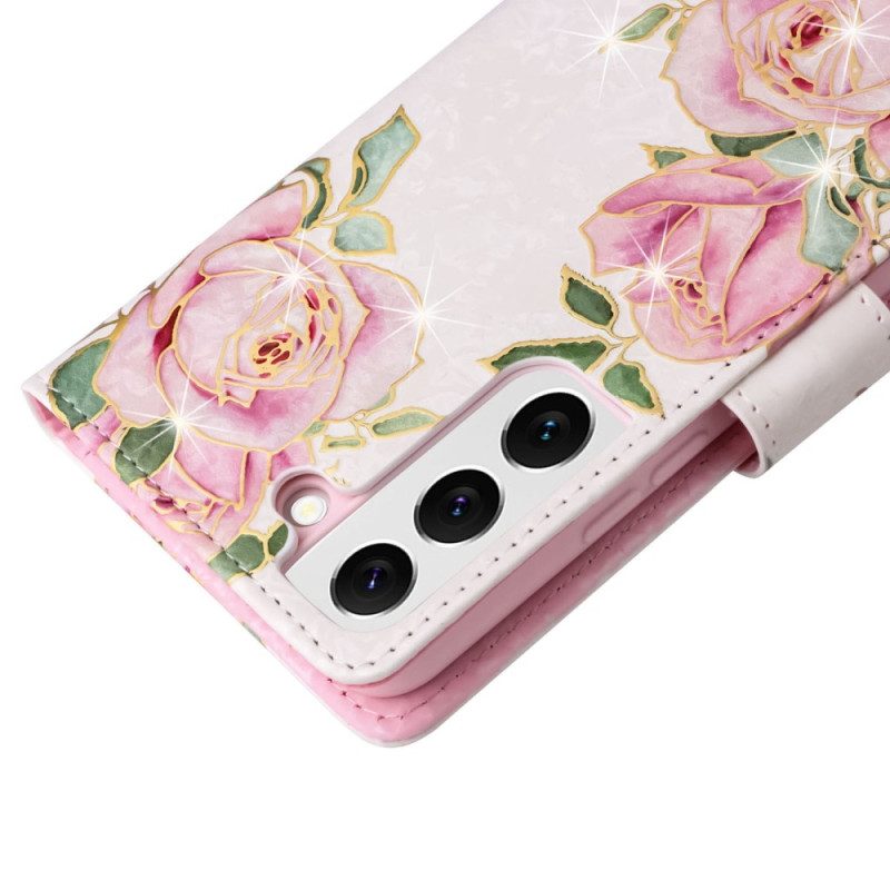 Flip Case Für Samsung Galaxy S23 5G Rfid-blumen Mit Schlüsselband