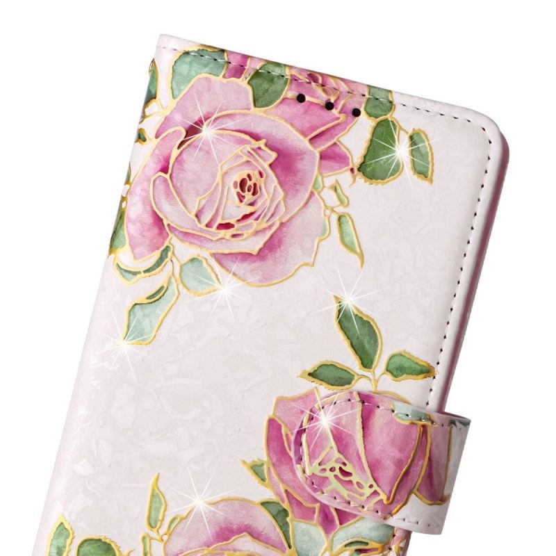 Flip Case Für Samsung Galaxy S23 5G Rfid-blumen Mit Schlüsselband