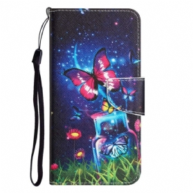 Lederhüllen Für Samsung Galaxy S23 Ultra 5G Mit Kordel Schmetterlinge An Einem Riemen