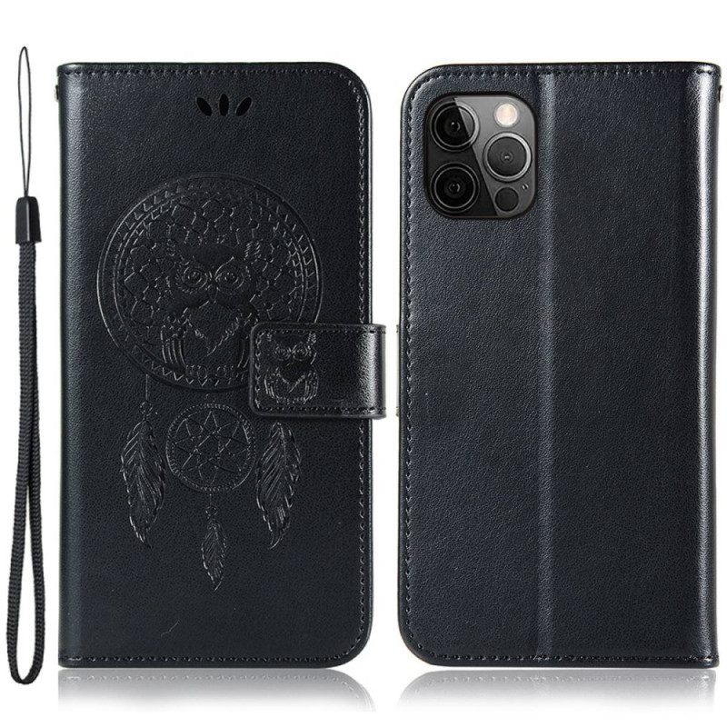 Lederhüllen Für iPhone 14 Pro Max Mit Kordel Eulen-traumfänger Mit Riemen