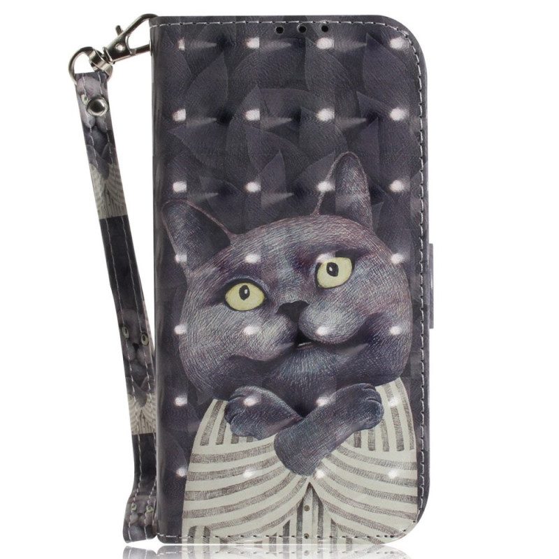 Lederhüllen Für Xiaomi Redmi 10C Mit Kordel Graue Katze Mit Riemen