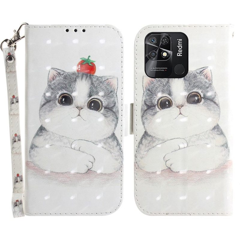 Lederhüllen Für Xiaomi Redmi 10C Mit Kordel Graue Katze Mit Riemen