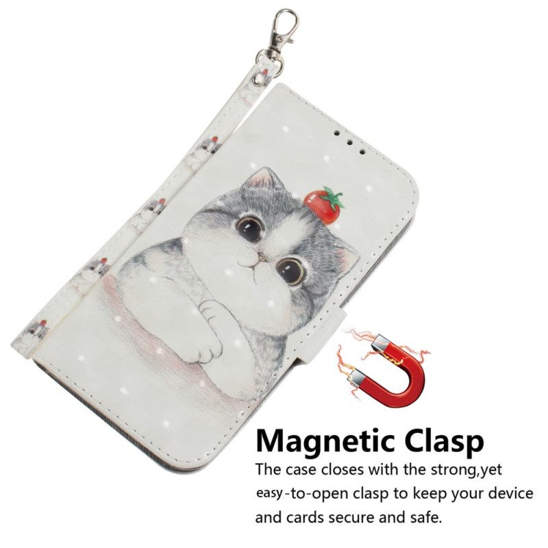 Lederhüllen Für Xiaomi Redmi 10C Mit Kordel Graue Katze Mit Riemen