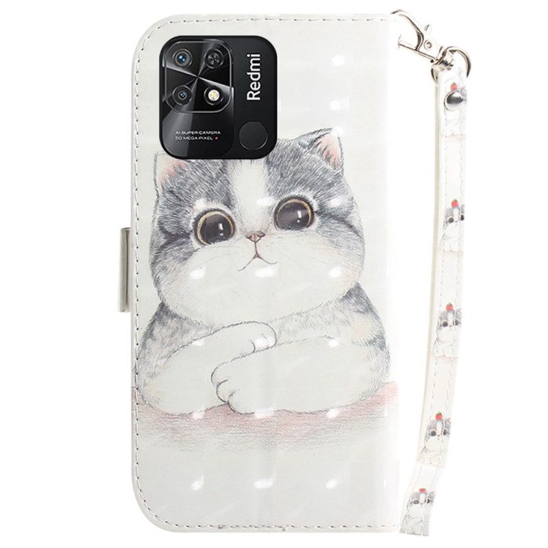 Lederhüllen Für Xiaomi Redmi 10C Mit Kordel Graue Katze Mit Riemen