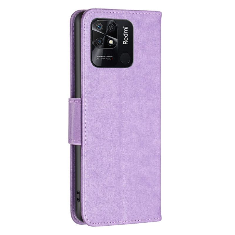 Lederhüllen Für Xiaomi Redmi 10C Mit Kordel Riemchen Mit Schmetterlingen-print