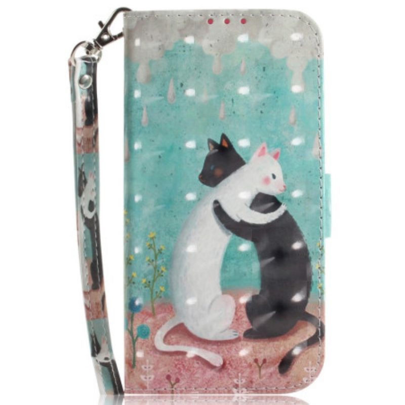 Lederhüllen Für Xiaomi Redmi 10C Mit Kordel Weiße Katze. Schwarze Katze Mit Riemen