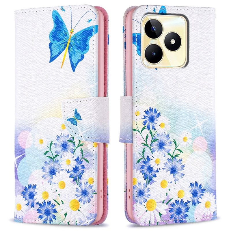 Lederhüllen Realme C53 Handyhülle Aquarell: Schmetterling Und Blumen
