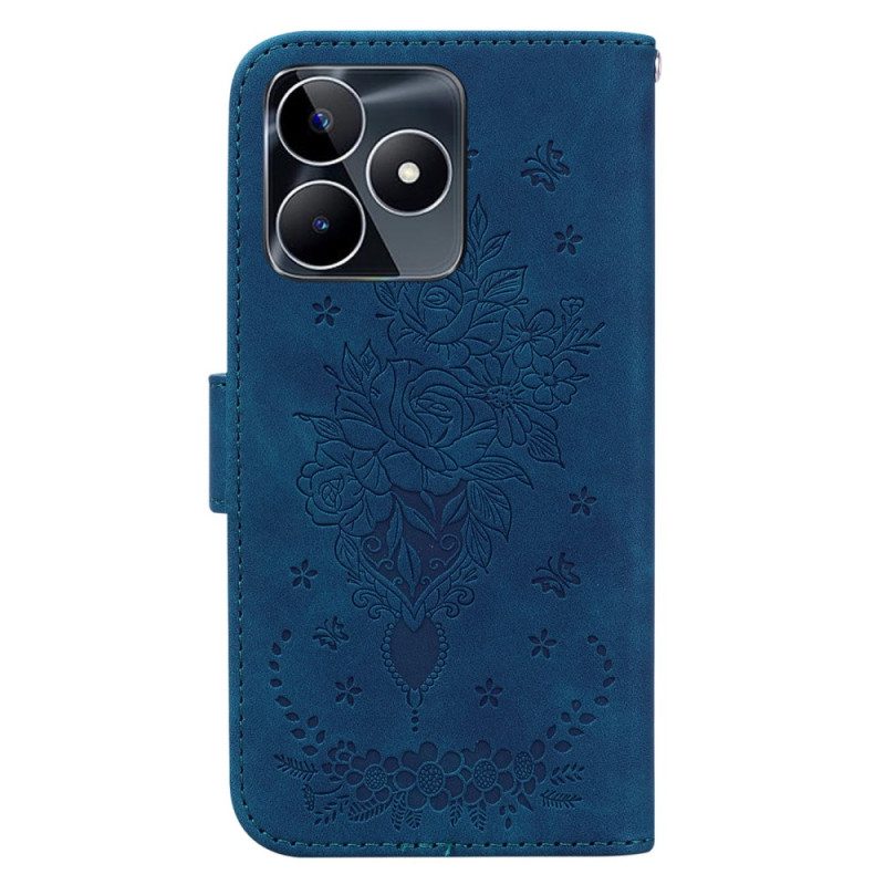 Lederhüllen Realme C53 Rosen- Und Schmetterlingsmuster