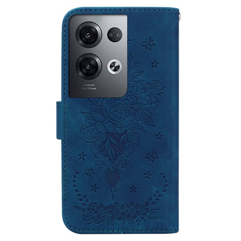 Flip Case Für Oppo Reno 8 Pro Mit Kordel Riemchenrosen Und Schmetterlinge