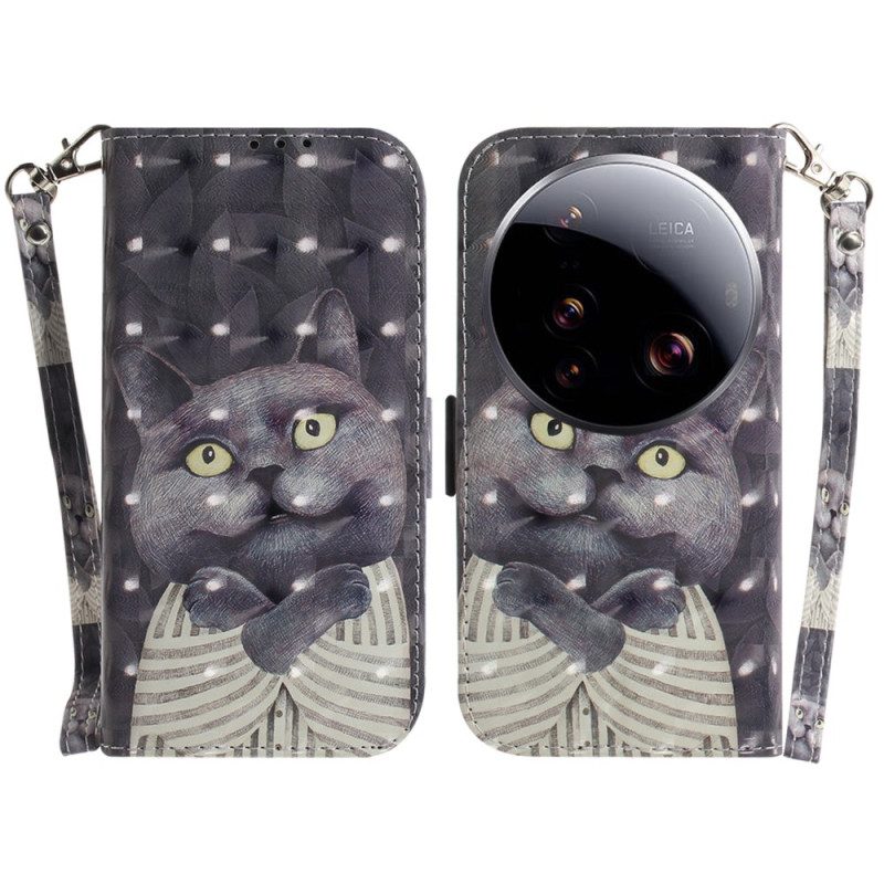 Lederhüllen Für Xiaomi 15 Ultra Graue Katze Mit Umhängeband