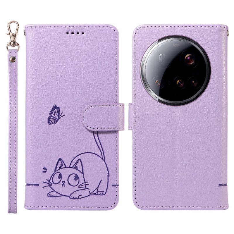 Lederhüllen Xiaomi 15 Ultra Handyhülle Trageriemen Mit Katzenmotiv