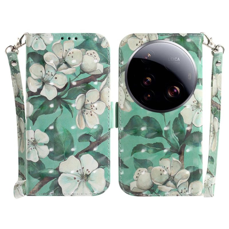 Lederhüllen Xiaomi 15 Ultra Weiße Blumen Mit Umhängeband