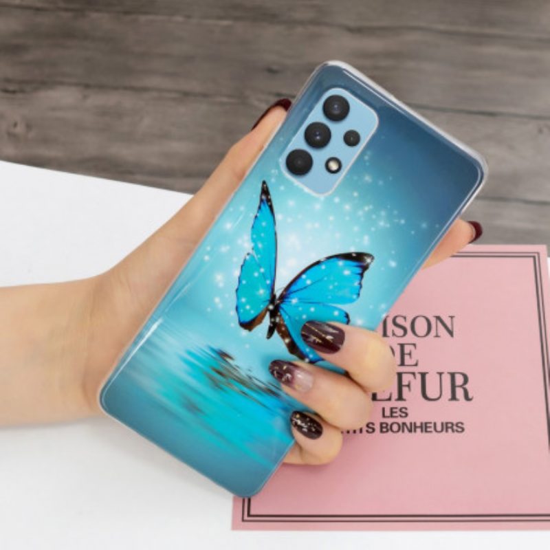 Handyhülle Für Samsung Galaxy A32 Fluoreszierender Blauer Schmetterling