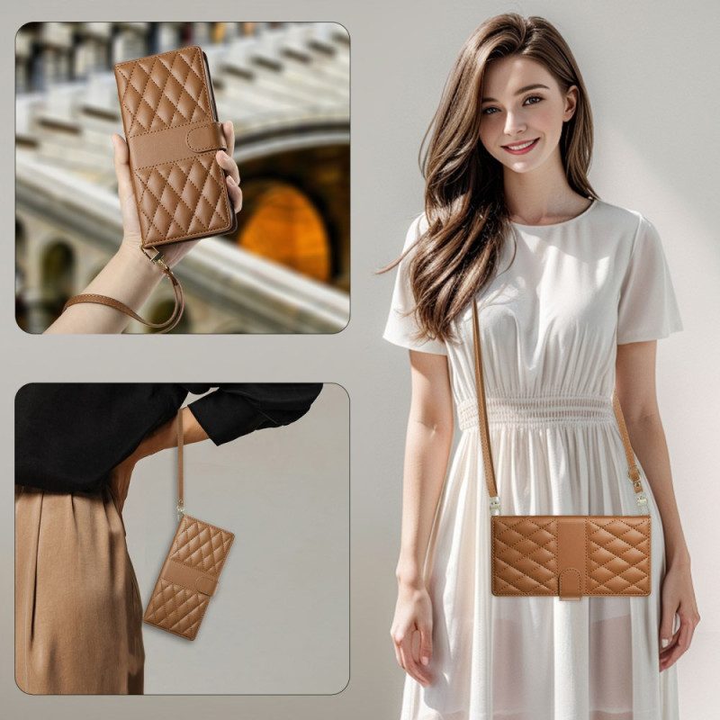 Lederhüllen Für Realme 14 Pro Plus 5g Gesteppt Mit Riemen Und Schulterriemen