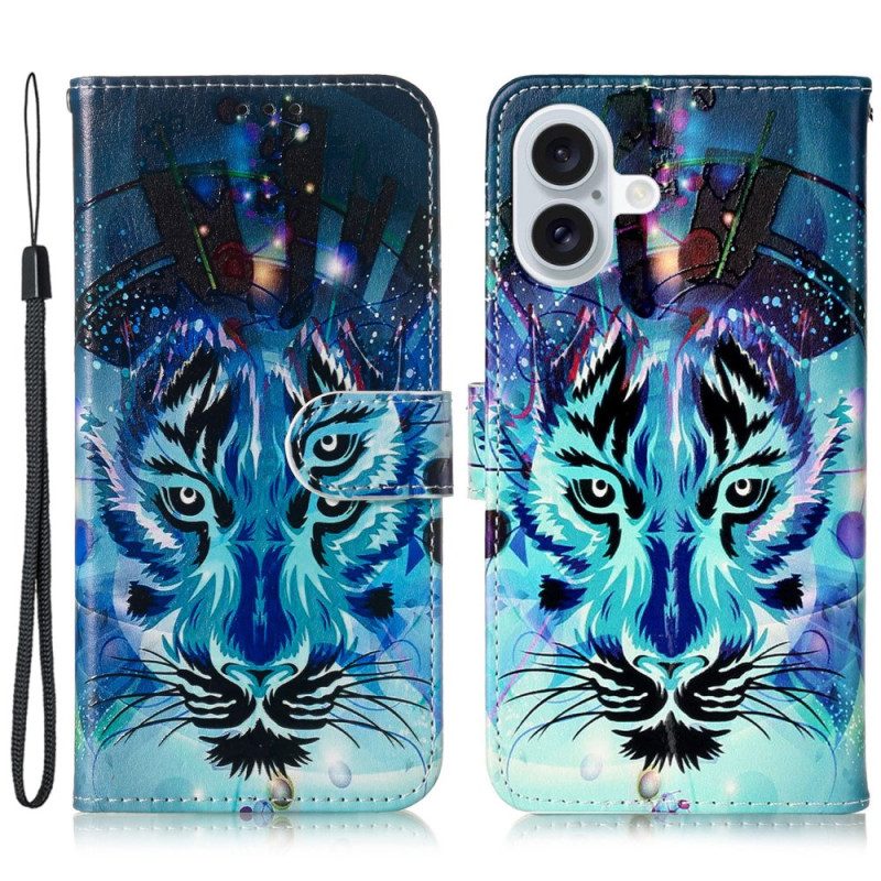 Lederhüllen iPhone 16 Wolfsmuster Mit Riemen