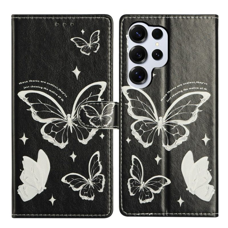 Lederhüllen Für Samsung Galaxy S26 Ultra Schwarz-weiße Schmetterlinge