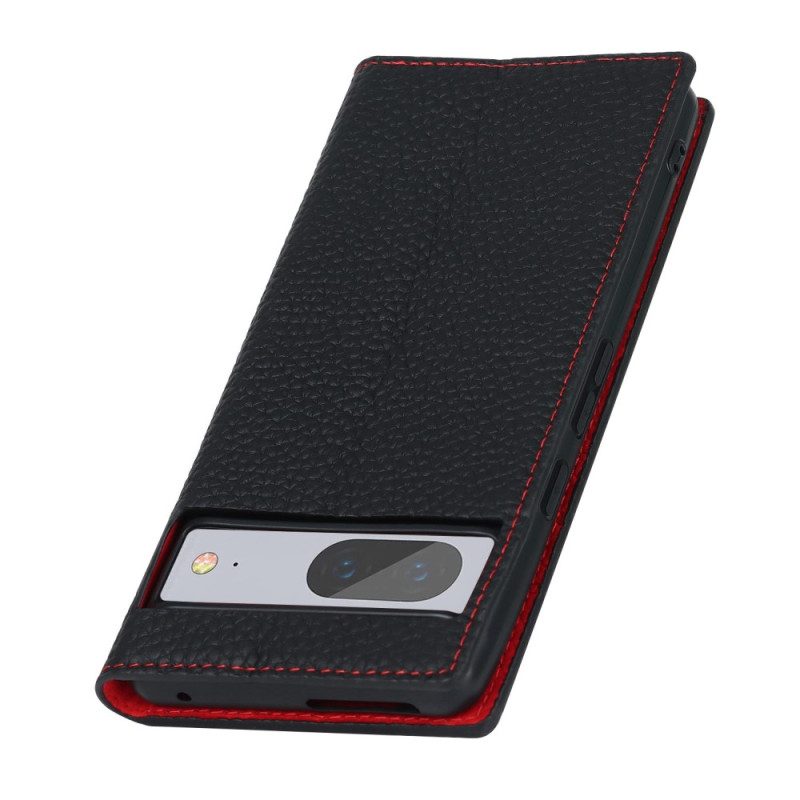 Schutzhülle Für Google Pixel 7 Mit Kordel Flip Case Echtes Litschi-lederarmband