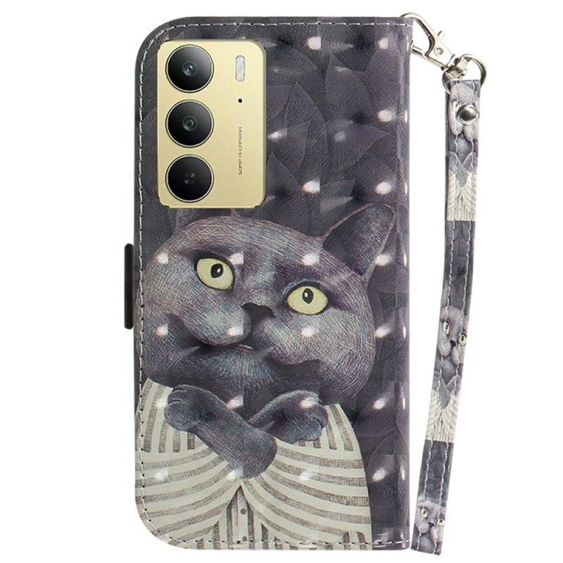 Lederhüllen Realme C75 Graues Katzen-lanyard