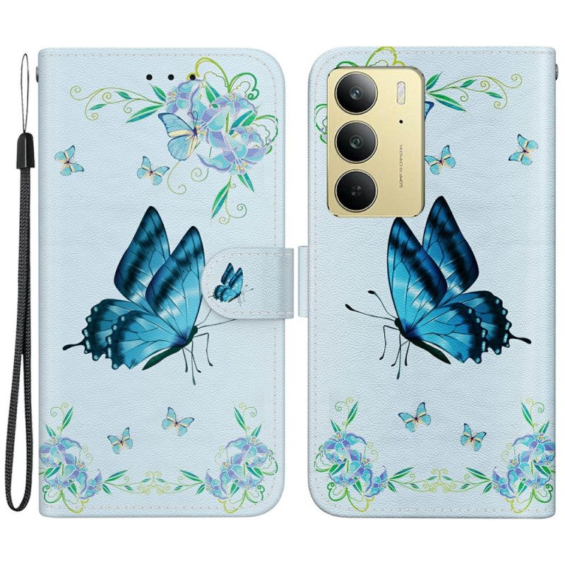 Lederhüllen Realme C75 Handyhülle Blauer Schmetterling Und Blumen
