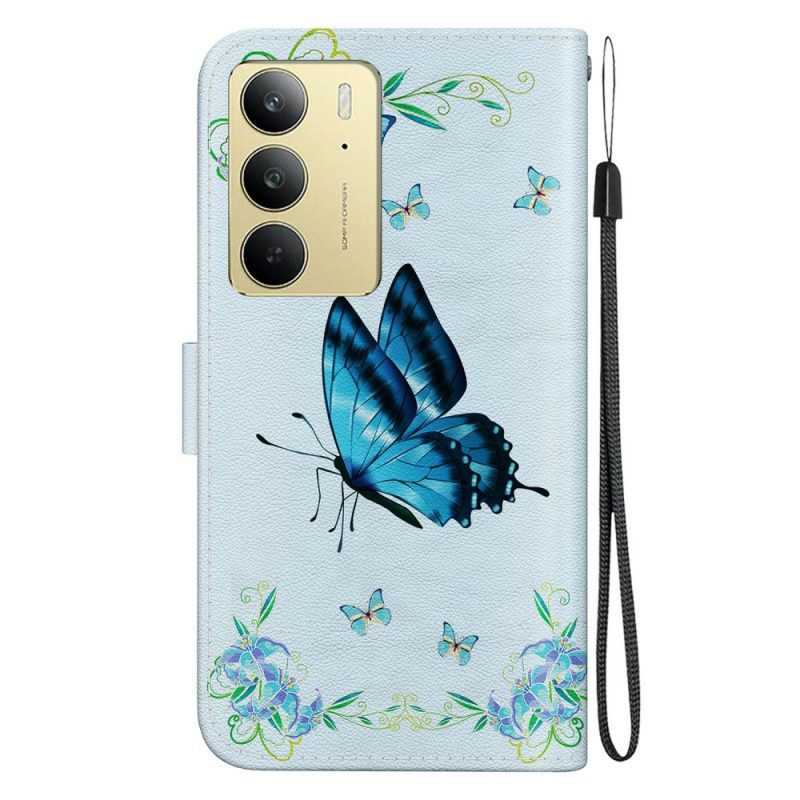 Lederhüllen Realme C75 Handyhülle Blauer Schmetterling Und Blumen