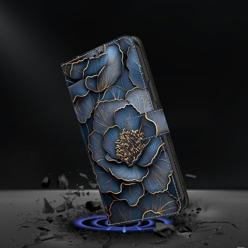 Lederhüllen Für Samsung Galaxy S26 Blau-goldene Pfingstrose