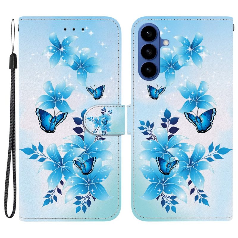 Lederhüllen Für Samsung Galaxy S26 Blaue Schmetterlinge Und Blumen