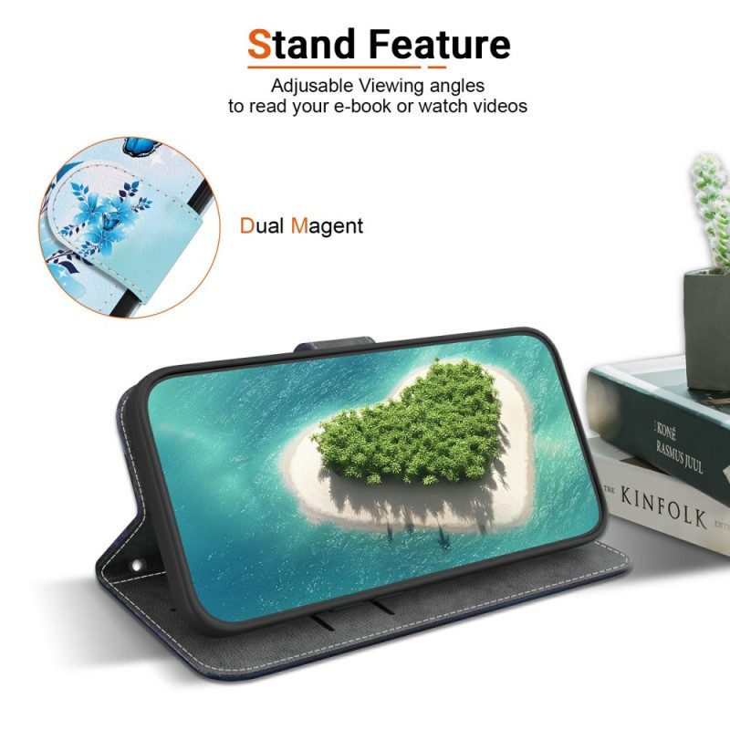 Lederhüllen Für Samsung Galaxy S26 Blaue Schmetterlinge Und Blumen