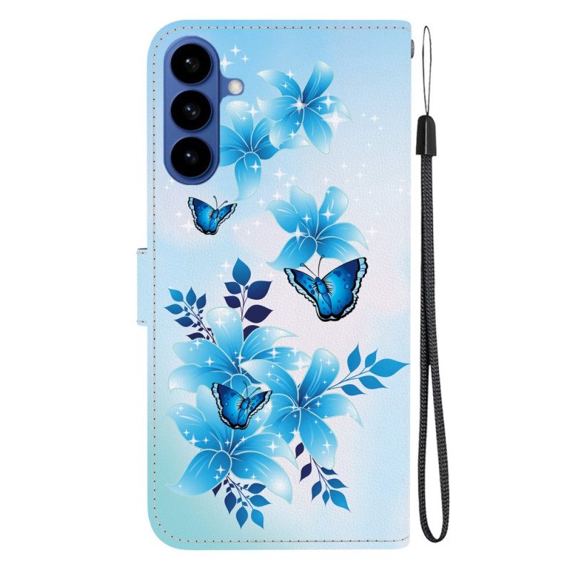 Lederhüllen Für Samsung Galaxy S26 Blaue Schmetterlinge Und Blumen