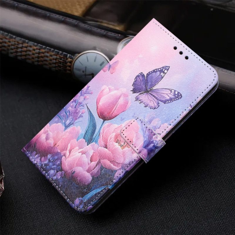 Lederhüllen Für Samsung Galaxy S26 Schmetterling Und Rosa Blumen