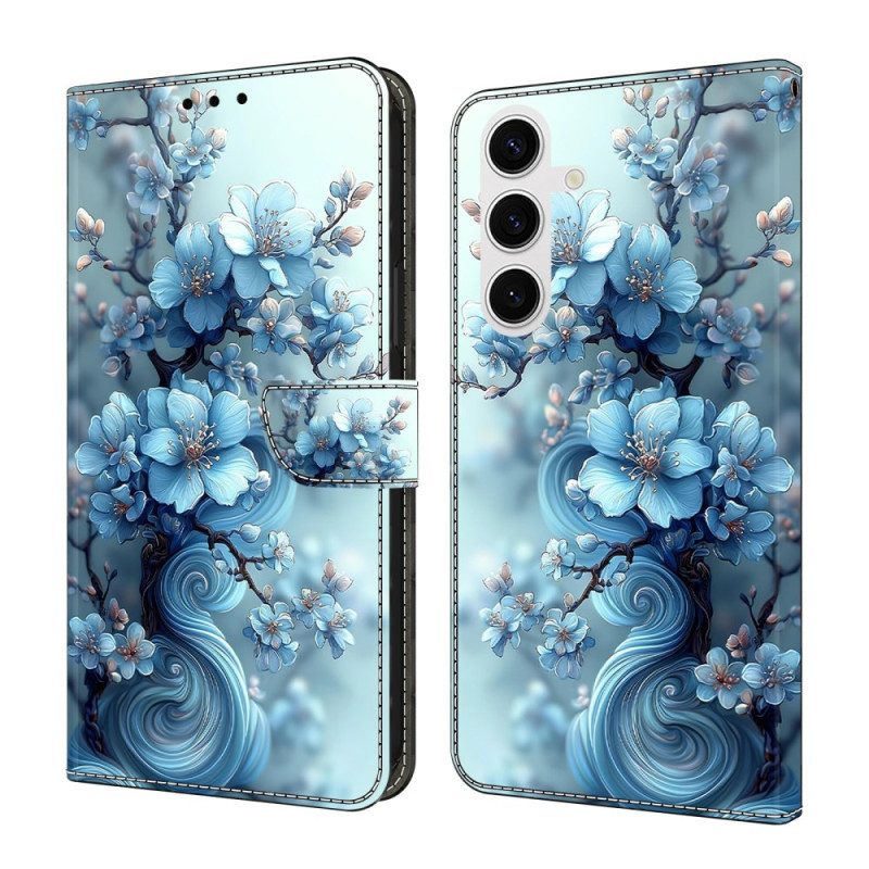 Lederhüllen Samsung Galaxy S26 Handyhülle Eisblaue Blumen
