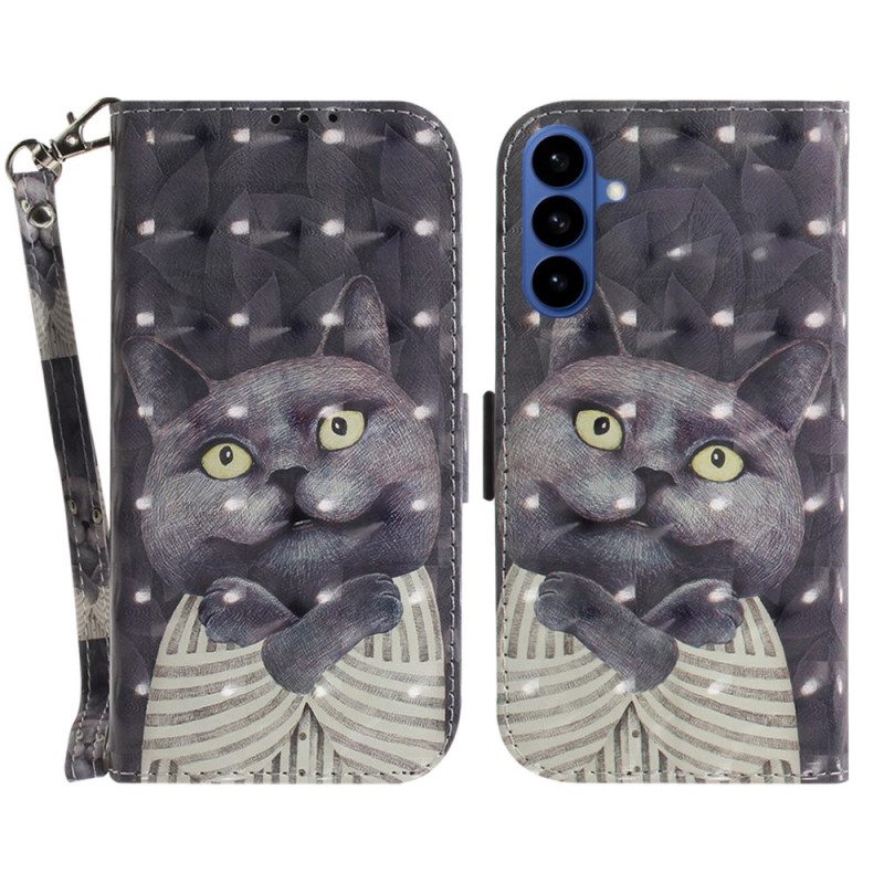 Lederhüllen Samsung Galaxy S26 Handyhülle Graues Katzen-lanyard