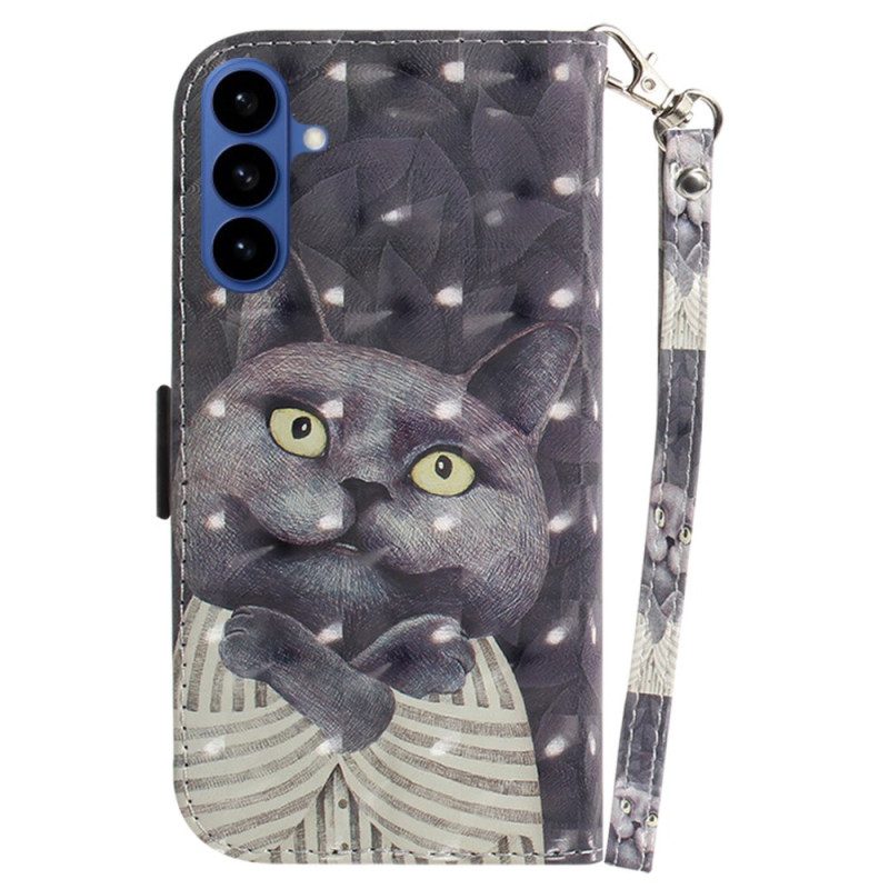 Lederhüllen Samsung Galaxy S26 Handyhülle Graues Katzen-lanyard