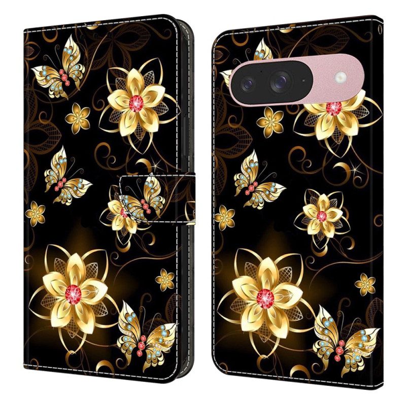 Lederhüllen Google Pixel 10 / 10 Pro Handyhülle Goldene Blumen Und Schmetterlinge
