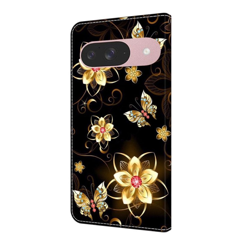 Lederhüllen Google Pixel 10 / 10 Pro Handyhülle Goldene Blumen Und Schmetterlinge